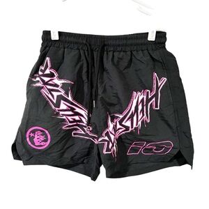Hellstar Waxed Nylon Athletic Shorts Black Pink Graphic Mens Size Small